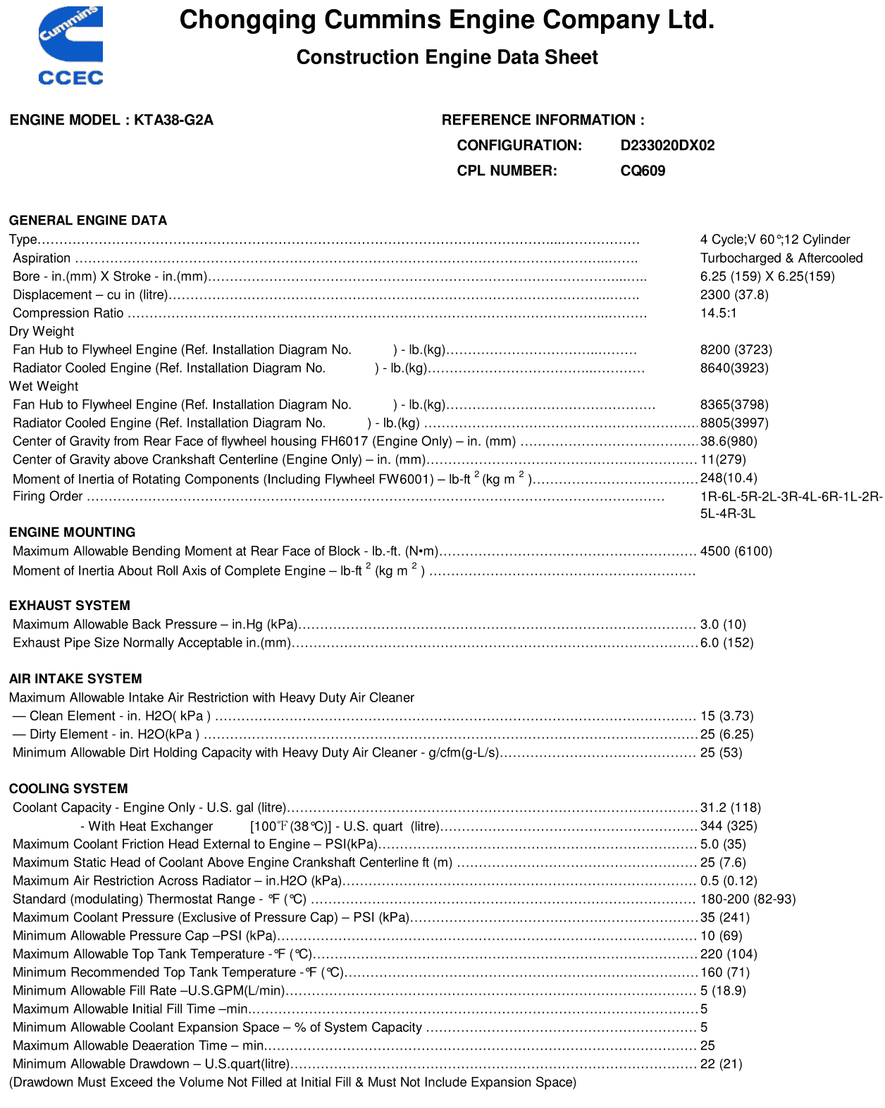 Cummins KTA38-G2A 813kW datasheet