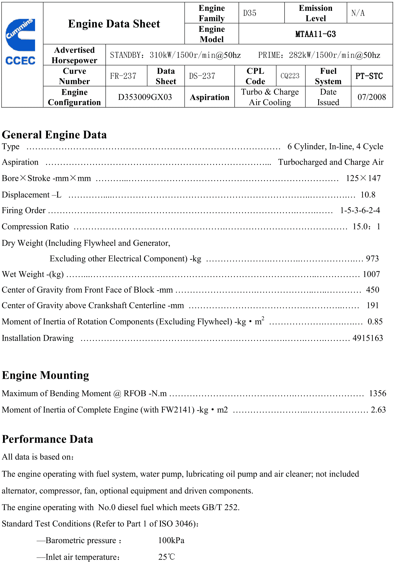 Cummins MTAA11-G3 282kW datasheet