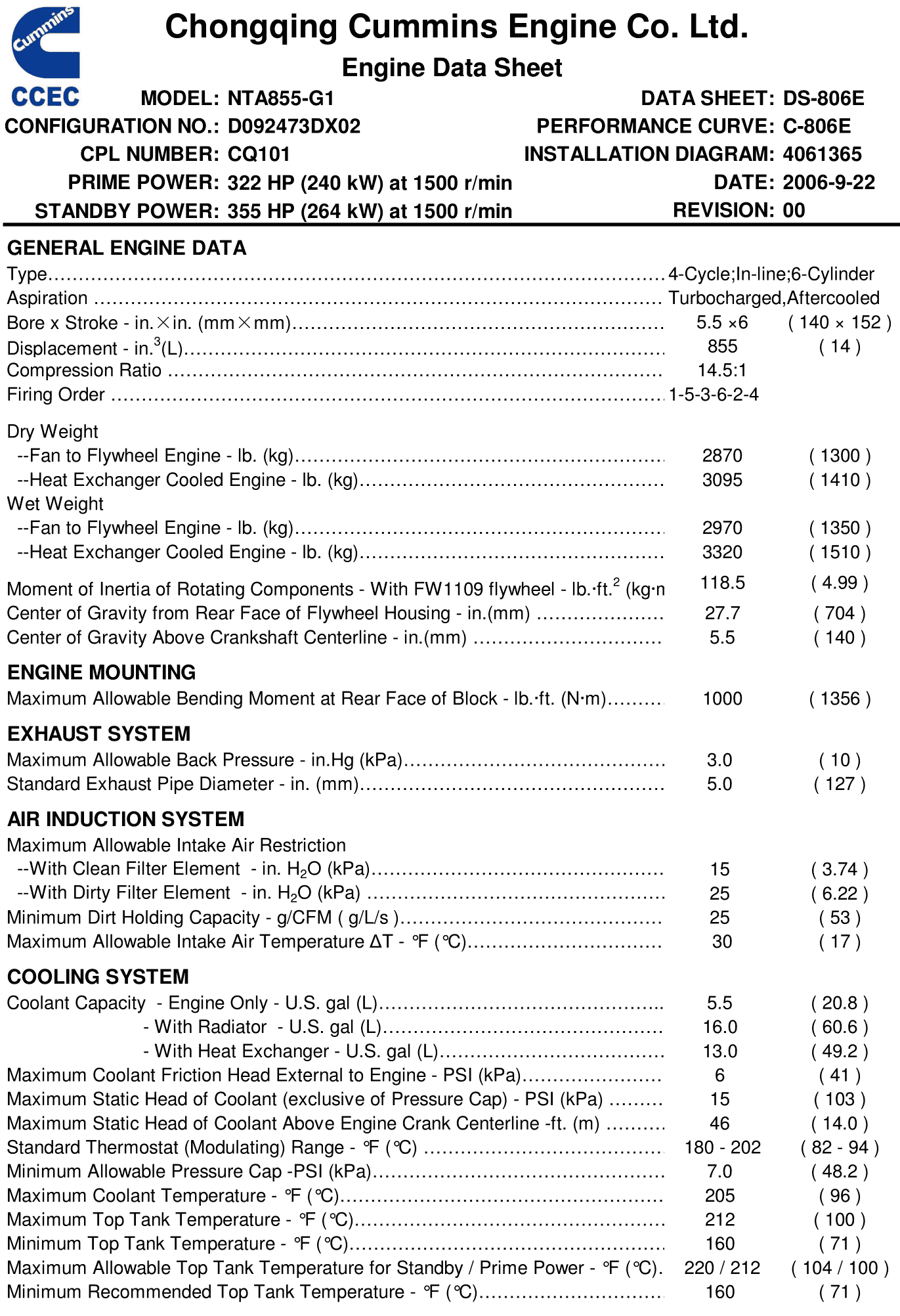 Cummins NTA855-G1 50Hz datasheet