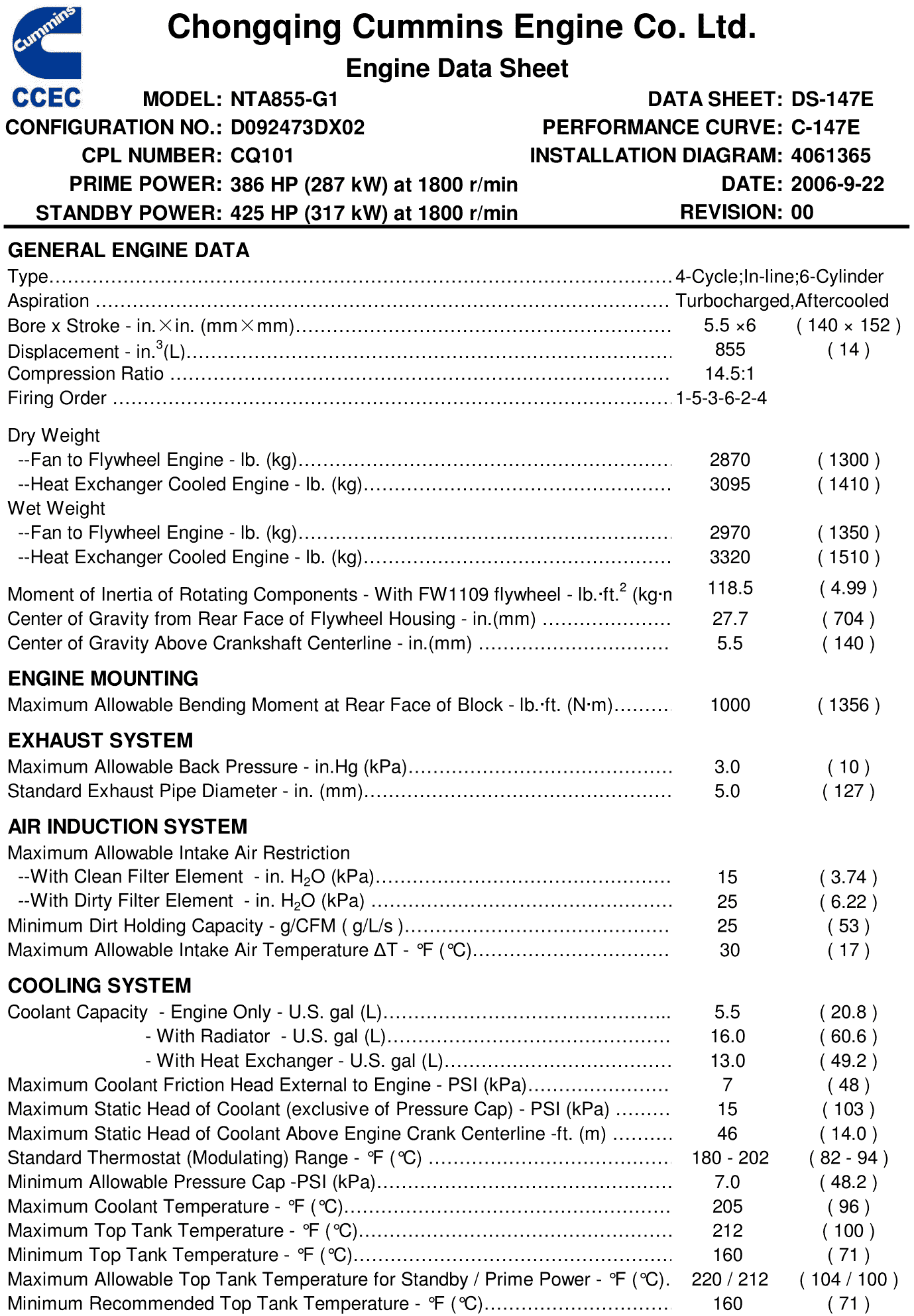 Cummins NTA855-G1 60Hz datasheet